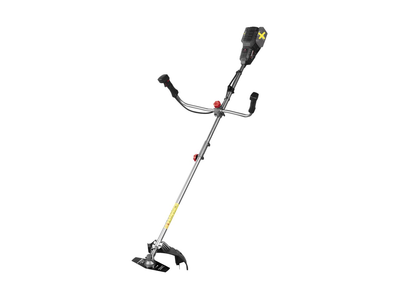 Cordless brush cutter with a black and yellow battery pack, grey shaft, and black handles.