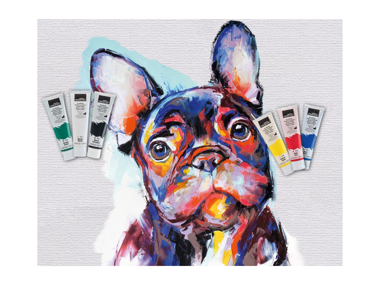 Acrylic paint tubes in various colors, including green, white, black, yellow, red, and blue, arranged around a vibrant, impasto-style painting of a French Bulldog.
