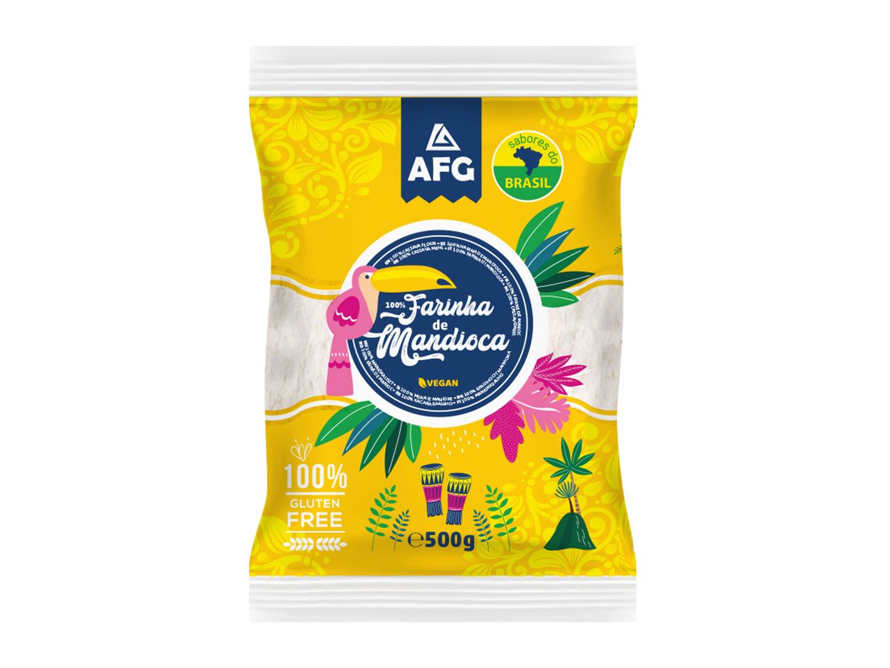 APO Farinha de Banana packaging featuring tropical design.