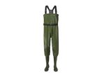 Green fishing waders with black suspenders and belt
