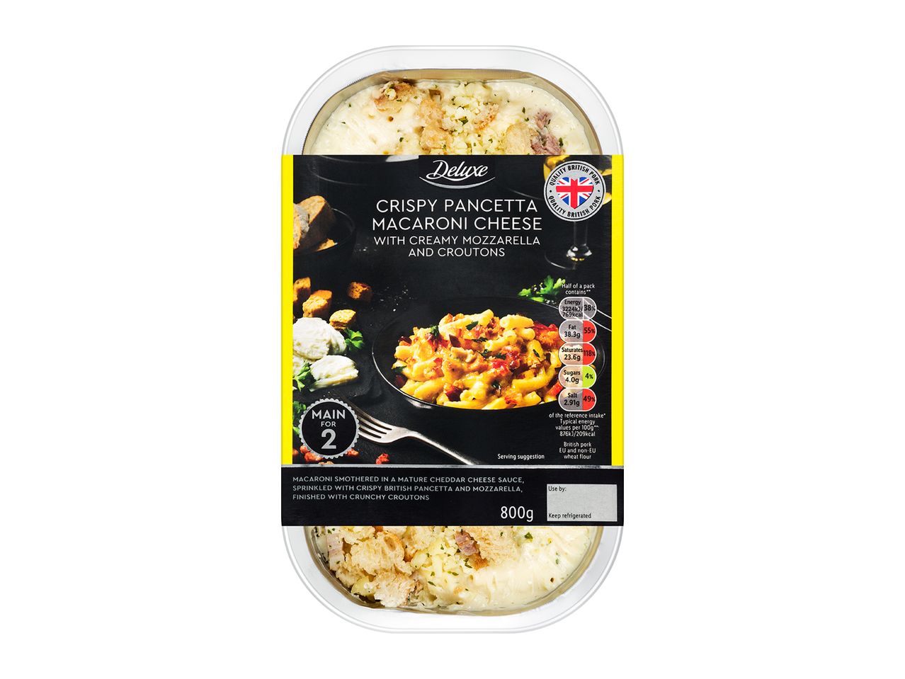 Macaroni cheese with crispy pancetta and croutons in a ready meal tray.
