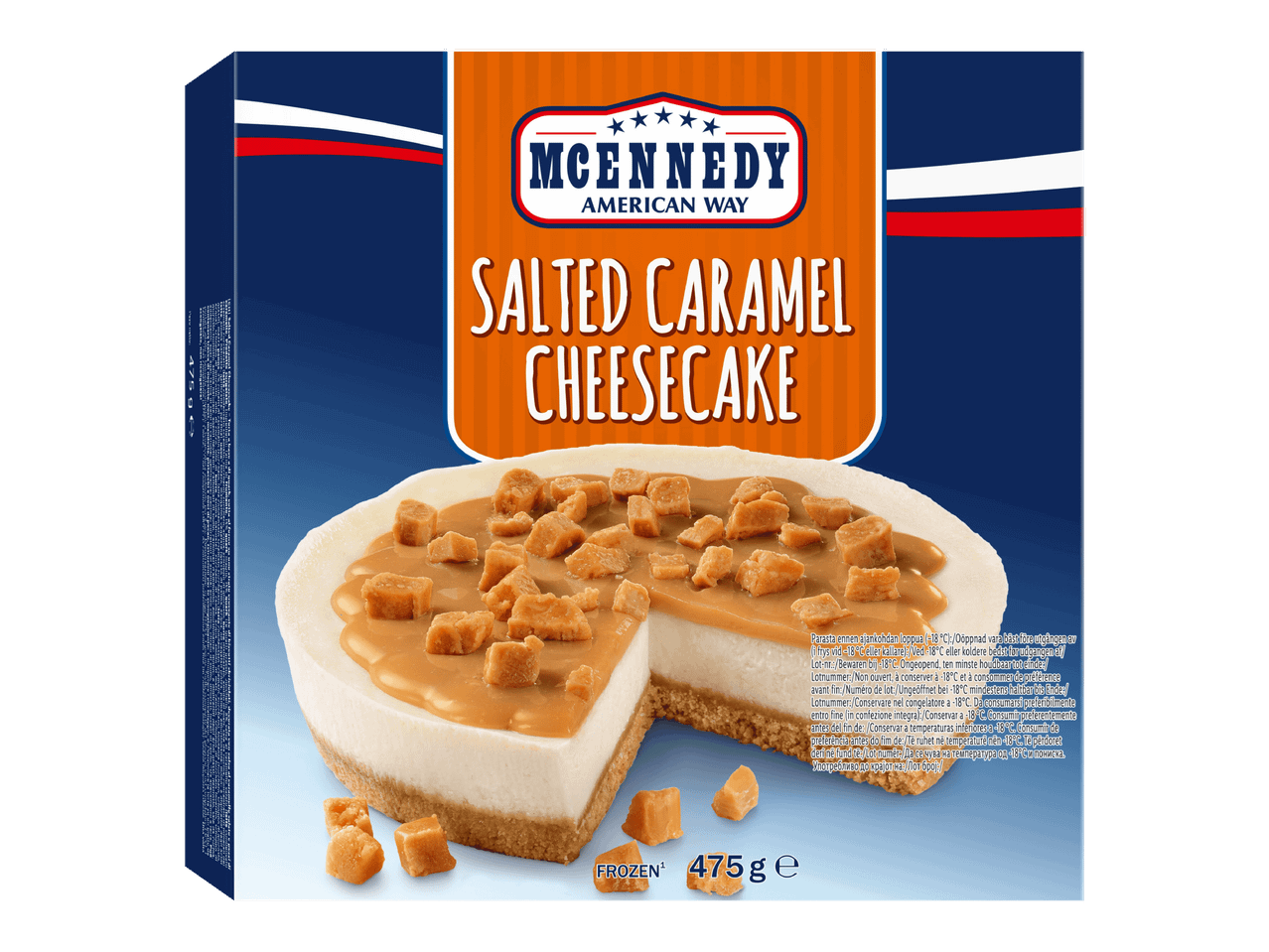 Pakastekakkupakkaus, jossa on suolainen kinuskijuustokakku ja teksti 'SALTED CARAMEL CHEESECAKE'.