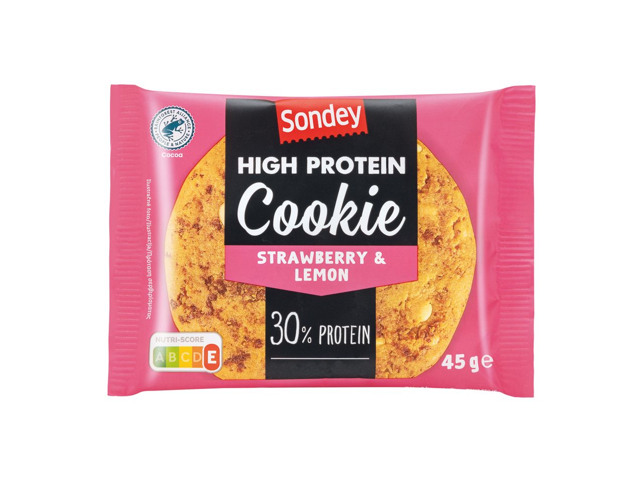 Συσκευασία μπισκότων Sondey High Protein με γεύση φράουλα και λεμόνι.