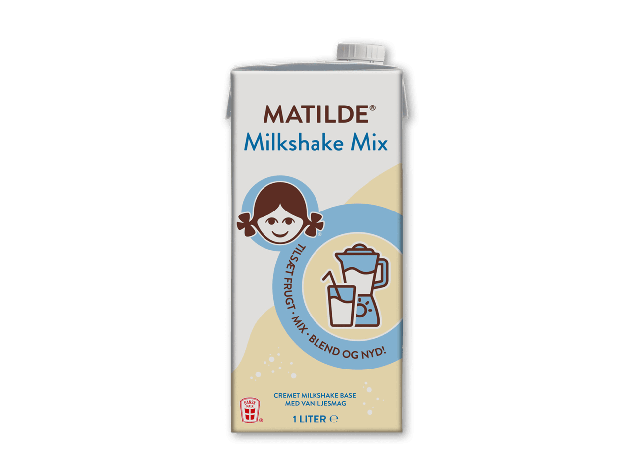 Mælkebaseret milkshake-mix med vaniljesmag, 1 liter, med instruktioner til at tilføje frugt.