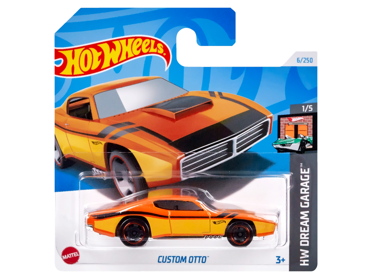 Hot Wheels Custom Otto diecast car in orange and yellow, part of the HW Dream Garage series.