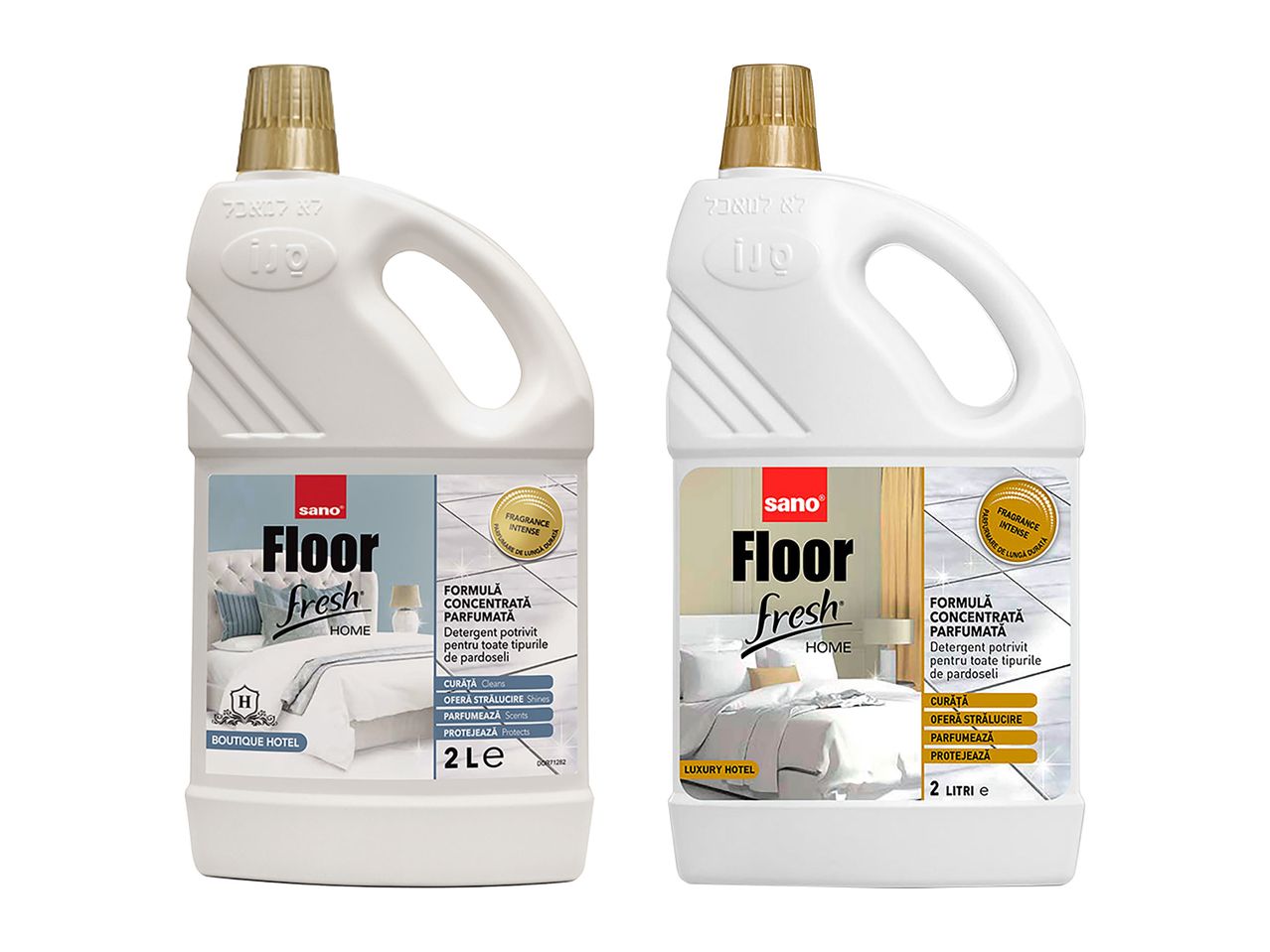 Două sticle de detergent de pardoseli, una cu tematică de hotel boutique și cealaltă de hotel de lux.