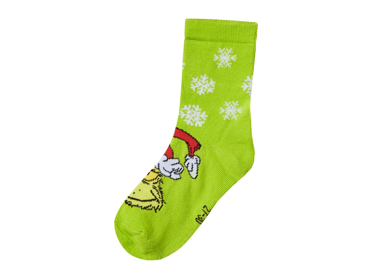 Green Grinch-themed sock with snowflakes, featuring the Grinch's face and hands.