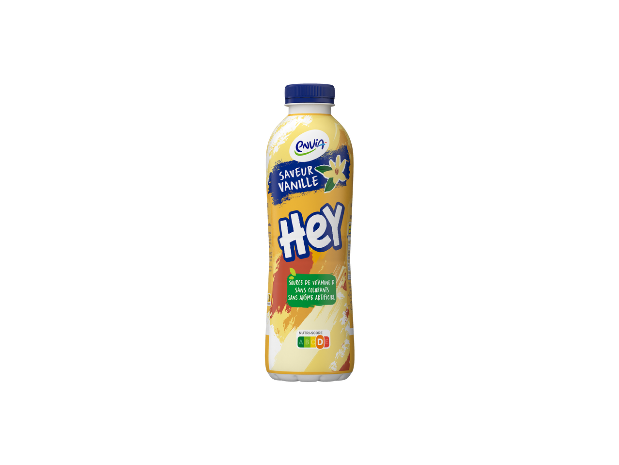 Bouteille de yaourt à boire Envia Hey saveur vanille, source de vitamine D.
