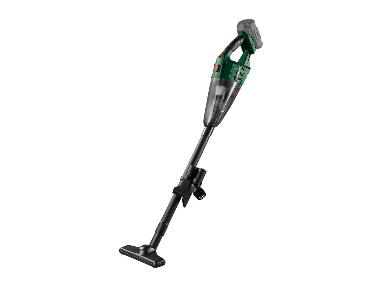 Cordless stick vacuum cleaner with a green and black body, and a floor nozzle.