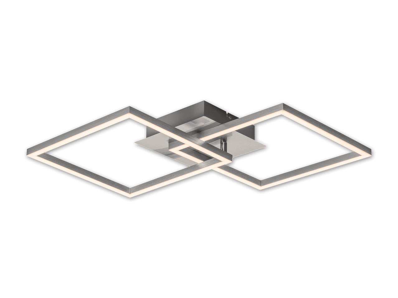 Moderne LED-Deckenleuchte mit zwei ineinander verschlungenen quadratischen Rahmen aus gebürstetem Metall.