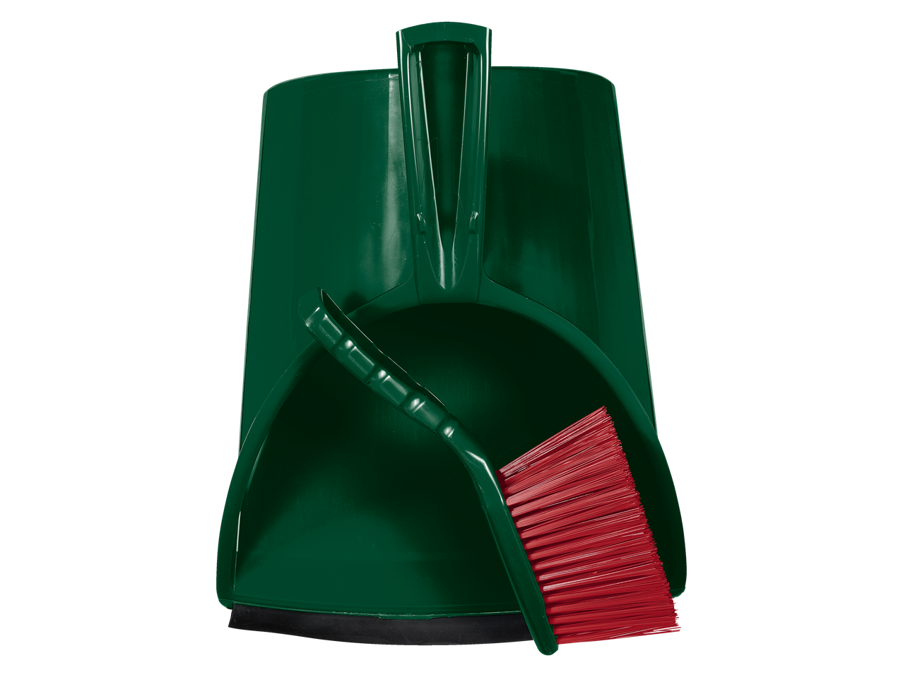 Green dustpan with red brush.