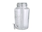 Glass beverage dispenser with a metal spigot and a hinged lid, featuring embossed text 'QUALITY Refreshing Ice Cold Drink GLASSWARE EST 1847'.