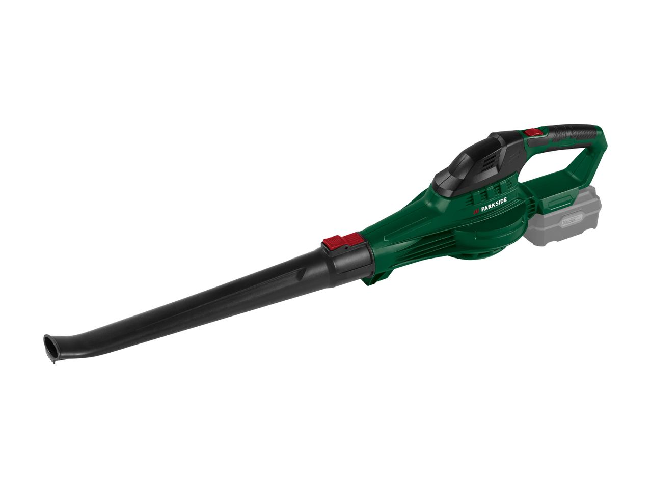 A green and black cordless leaf blower with a battery pack on a white background.