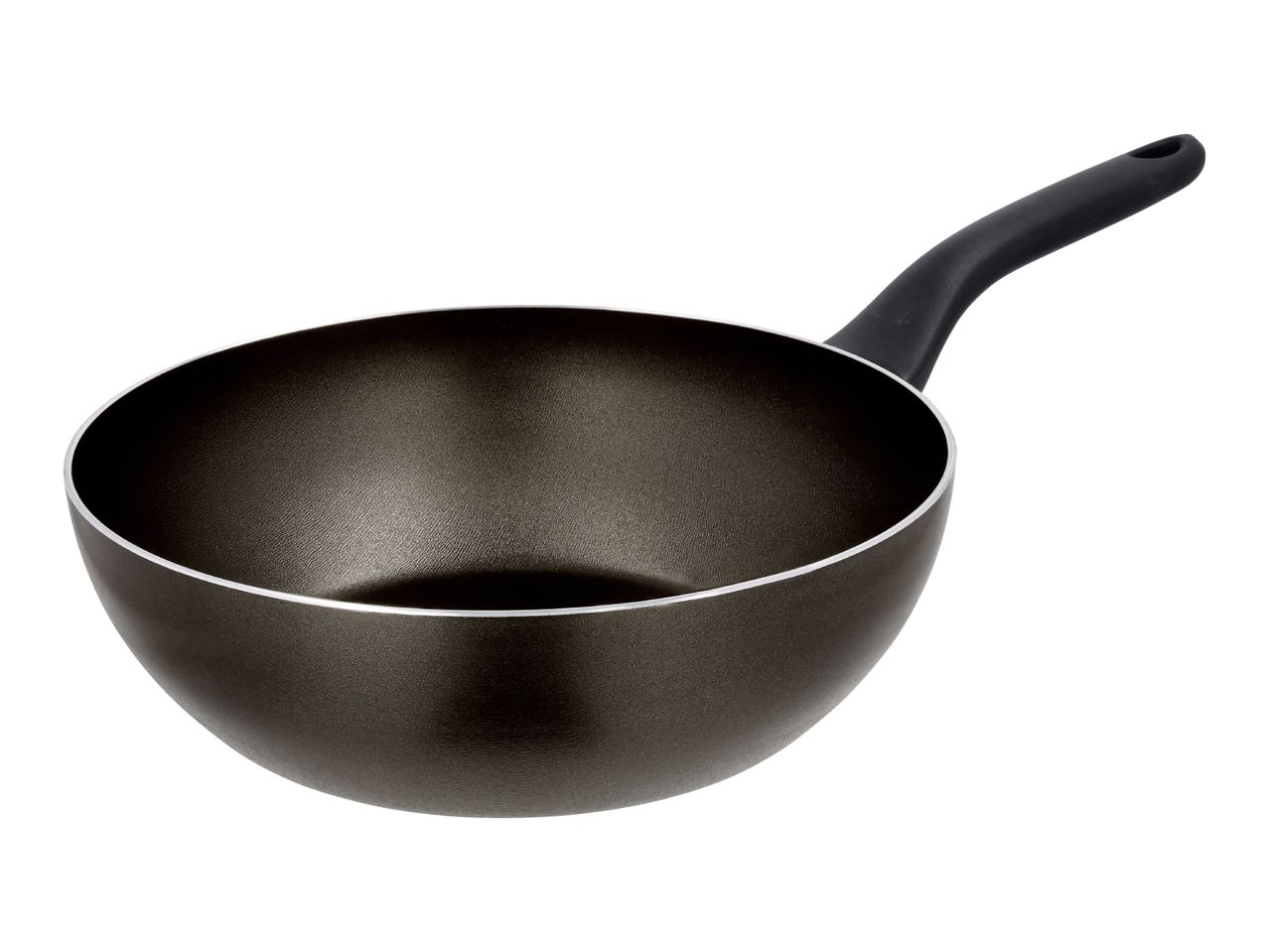 Dark grey wok with a black handle, isolated on a white background.