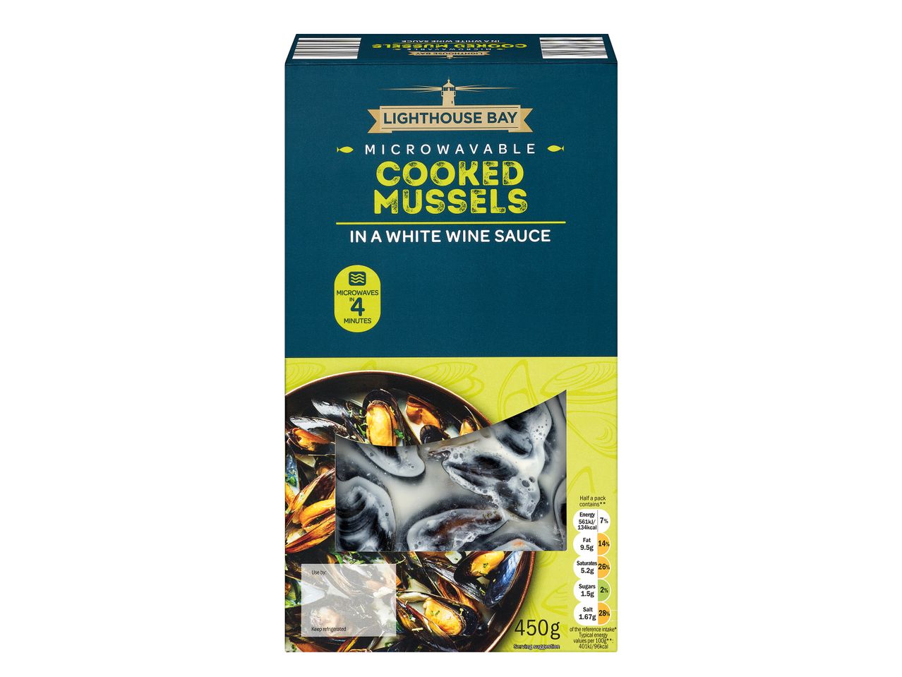Lighthouse Bay microwavable cooked mussels in white wine sauce.