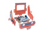 Disassembled wooden toy car with character cutouts and a central play area.