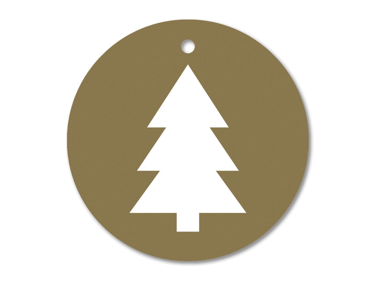Round gift tag with a white Christmas tree on a gold background