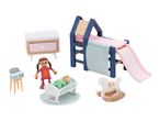 A dollhouse bedroom set with a bed, slide, dresser, high chair, rocking horse, and two dolls.
