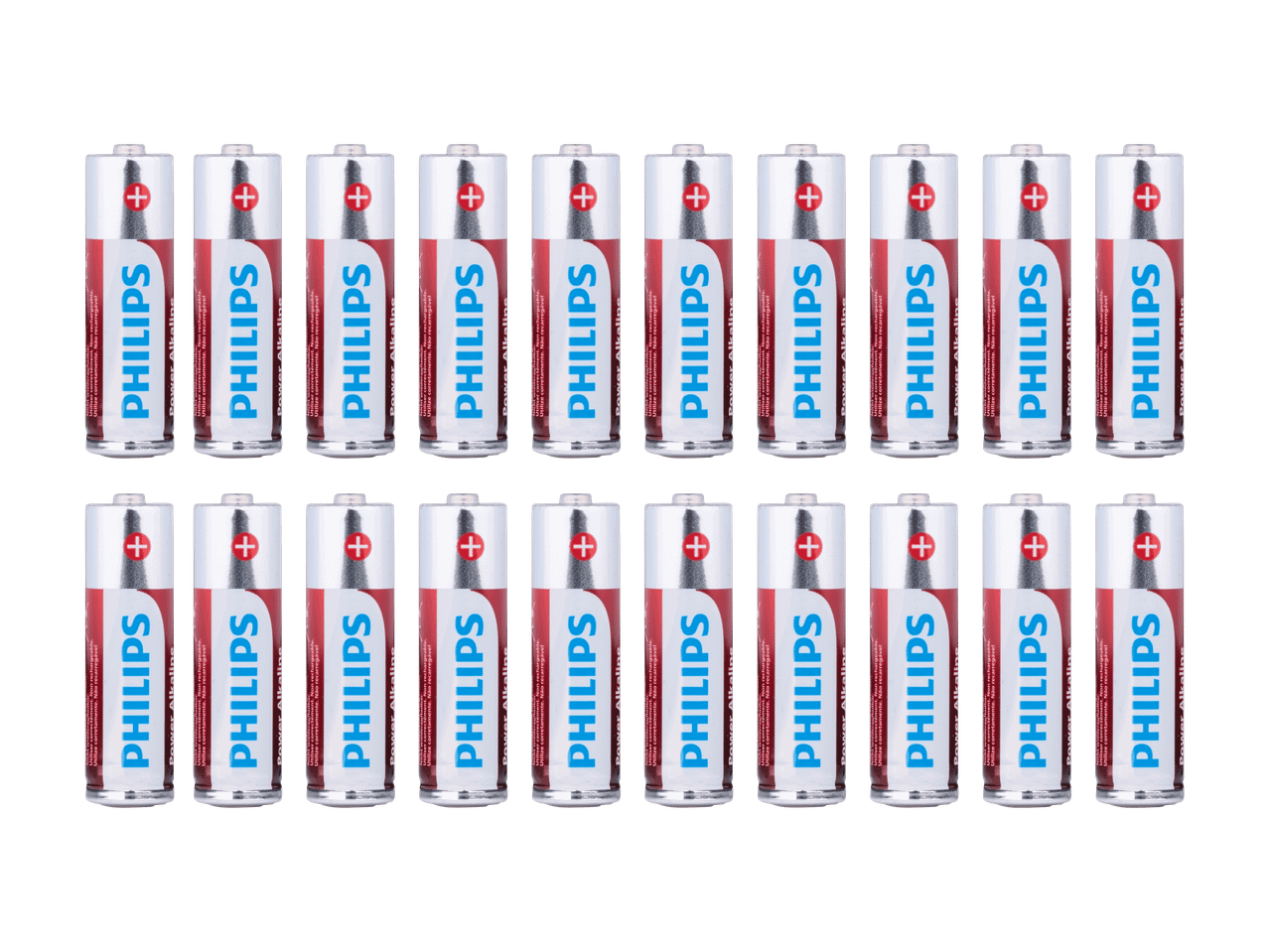 Due file ordinate di batterie alcaline stilo AA su sfondo nero.