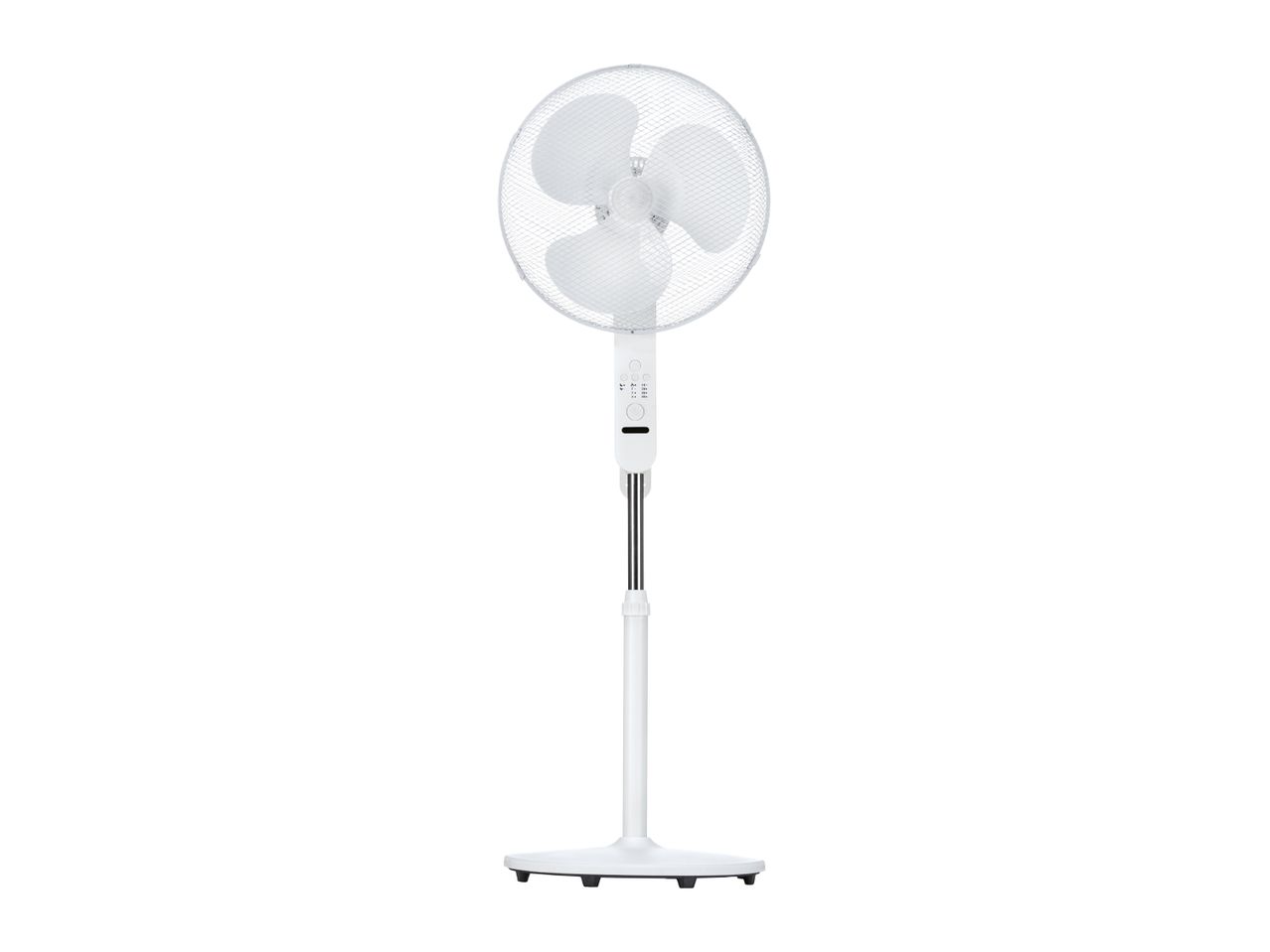 White pedestal fan with three blades and a round base.