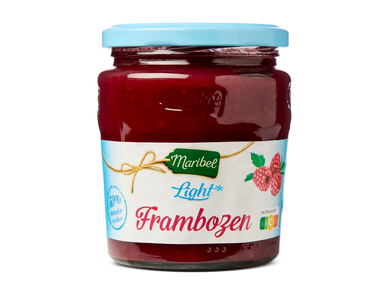 Maribel Light Frambozen: lichte frambozenjam in een glazen pot.