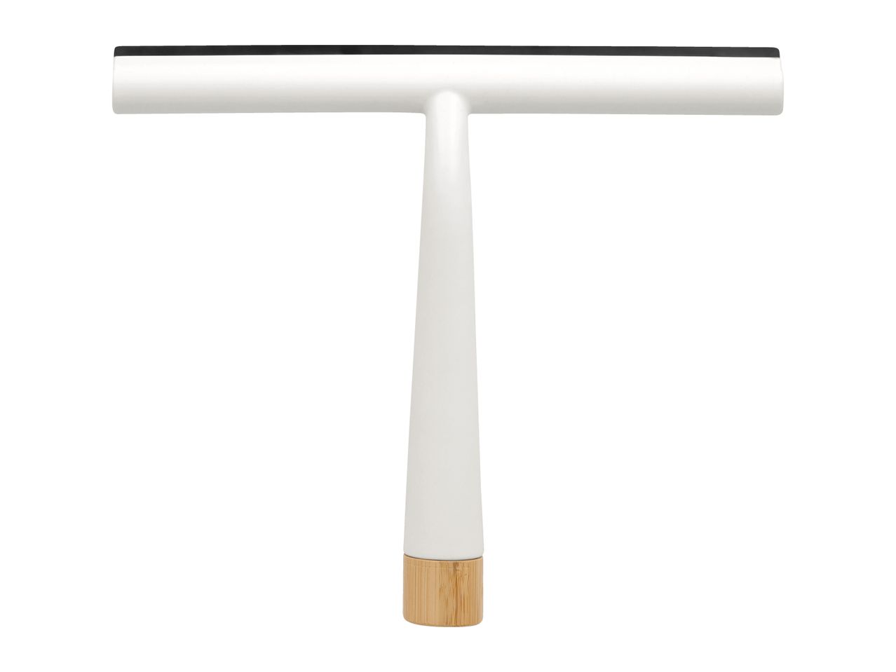 White shower squeegee with a black rubber blade and a wooden handle base.
