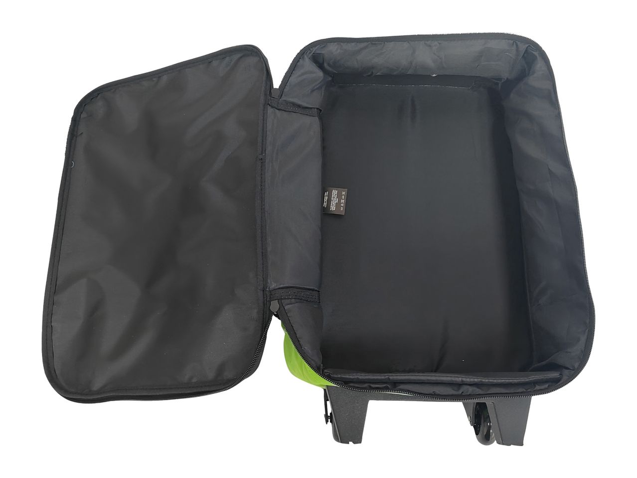 Open black and lime green wheeled luggage with a textile label inside.