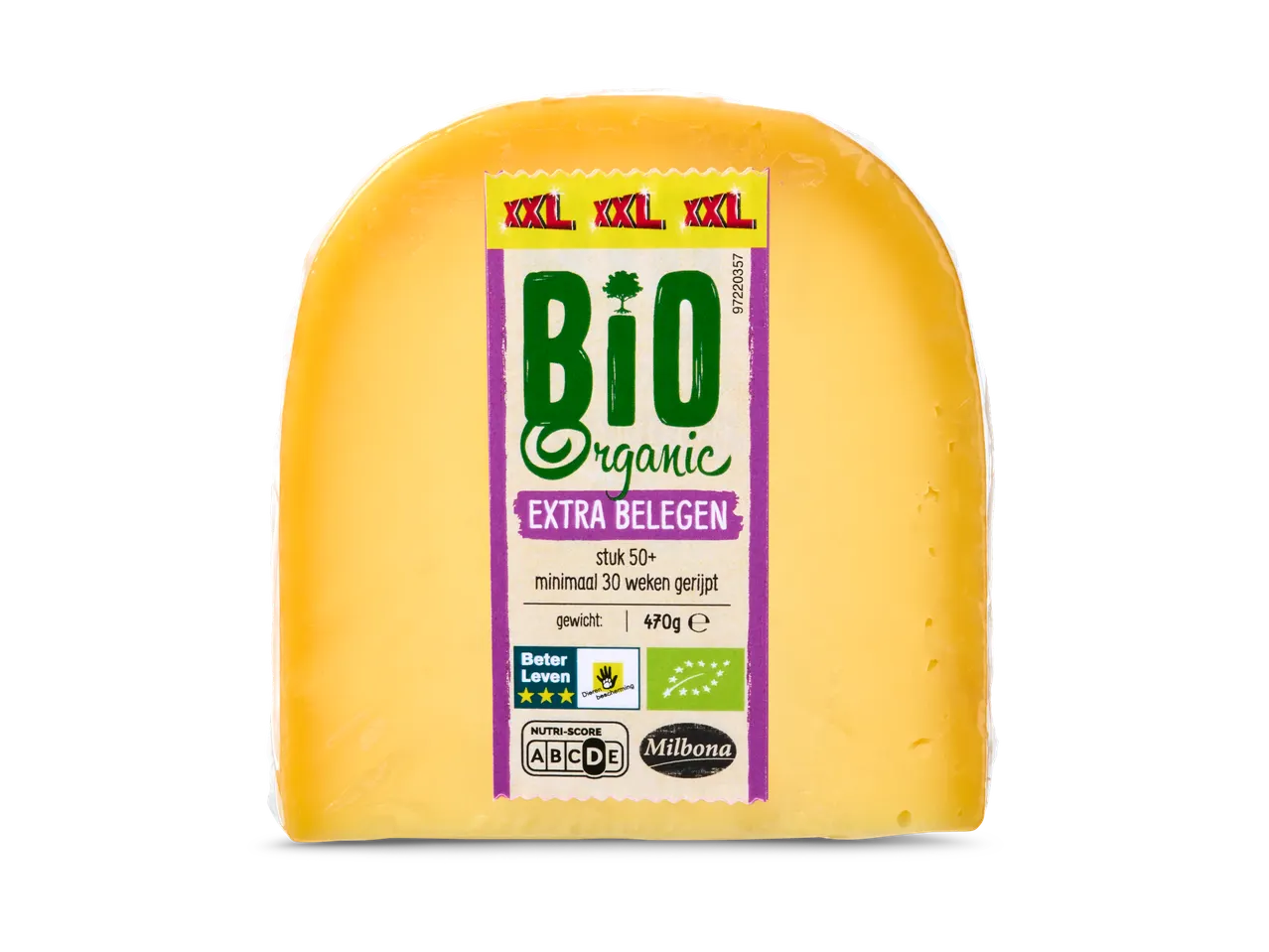 XXL Bio Organic Extra Belegen Kaas, 470g, met Beter Leven en Nutri-Score D keurmerken.