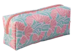 Trousse à crayons rose et turquoise avec motif floral.