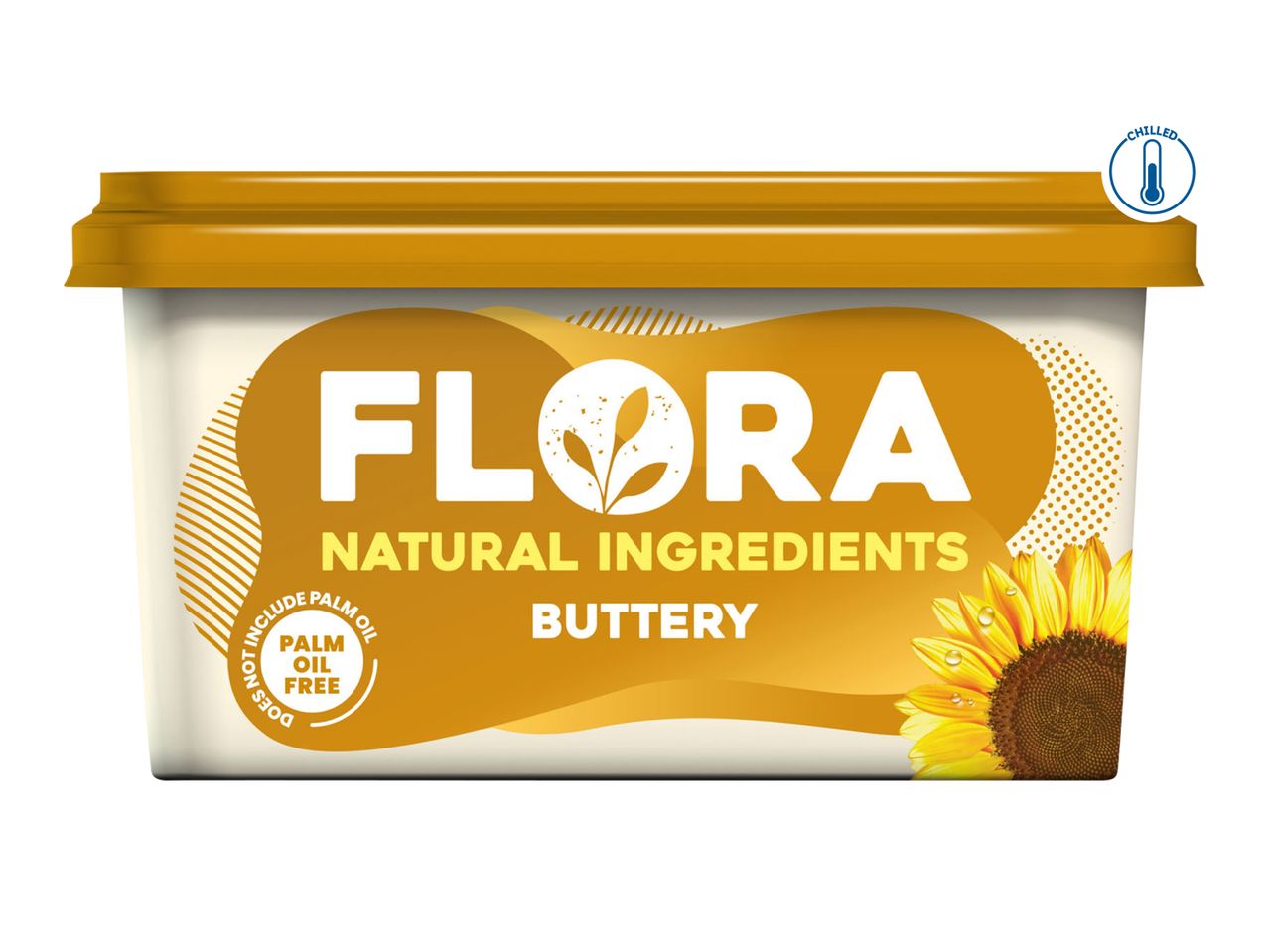 Flora Natural Ingredients Buttery spread tub with a sunflower and 'Palm Oil Free' label.