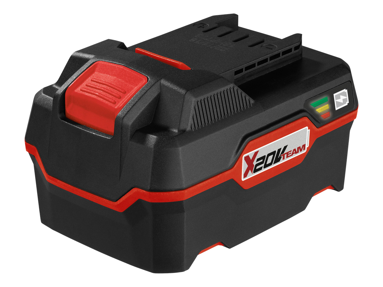 Fekete és piros akkumulátor, rajta „X20V TEAM” felirattal és töltöttségi szint jelzővel.