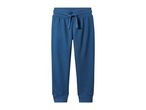 Blue sweatpants with an elastic waistband and drawstring.