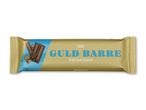 Guldbarre med saltkaramel i gylden indpakning med blå detaljer og chokoladebilleder.