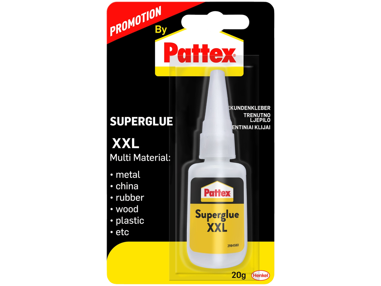 Pattex Sekundenkleber XXL, Multi-Material-Klebstoff für Metall, Porzellan, Gummi, Holz, Kunststoff, etc.