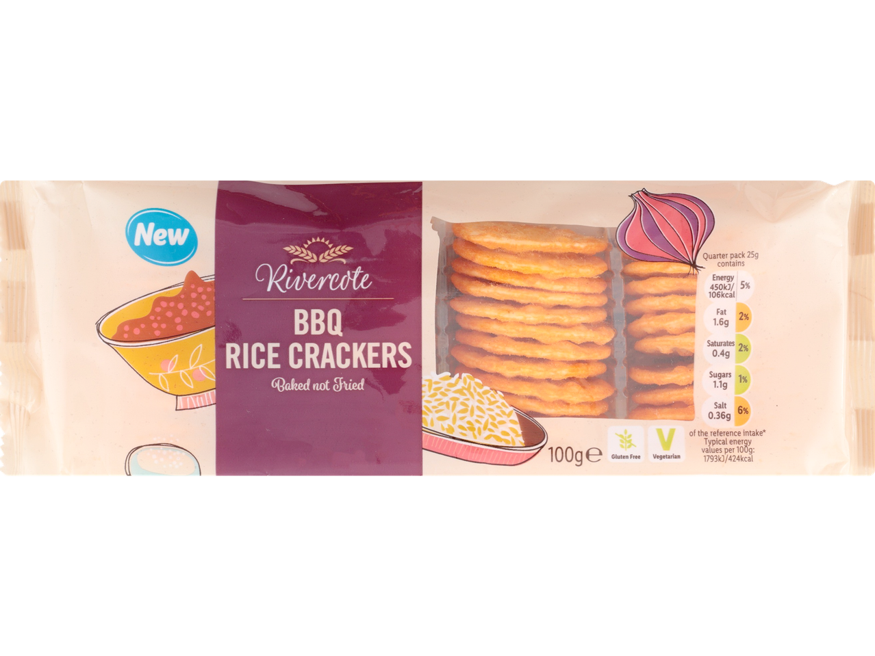 Rivercote BBQ Rice Crackers with nutritional information.