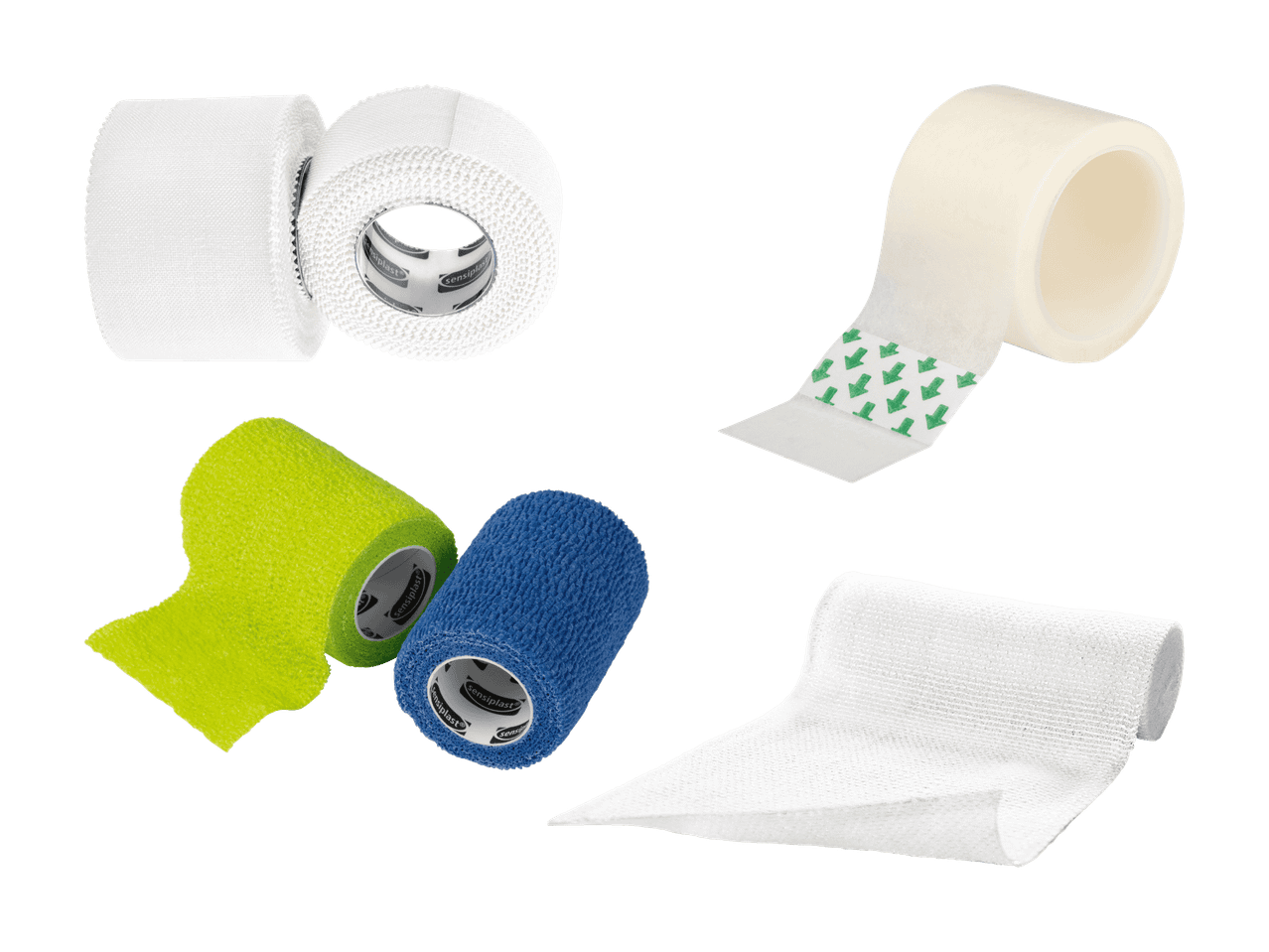 Verschiedene Rollen medizinisches Klebeband und elastische Bandagen in Weiß, Grün und Blau.