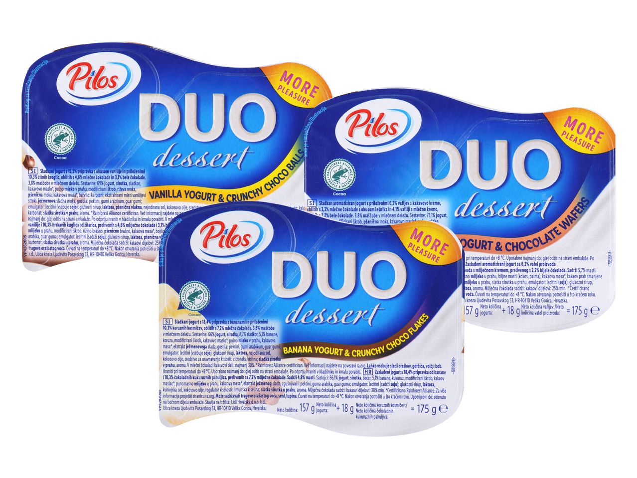 Pilos Duo Dessert jogurti z okusi vanilije, banane in čokolade.