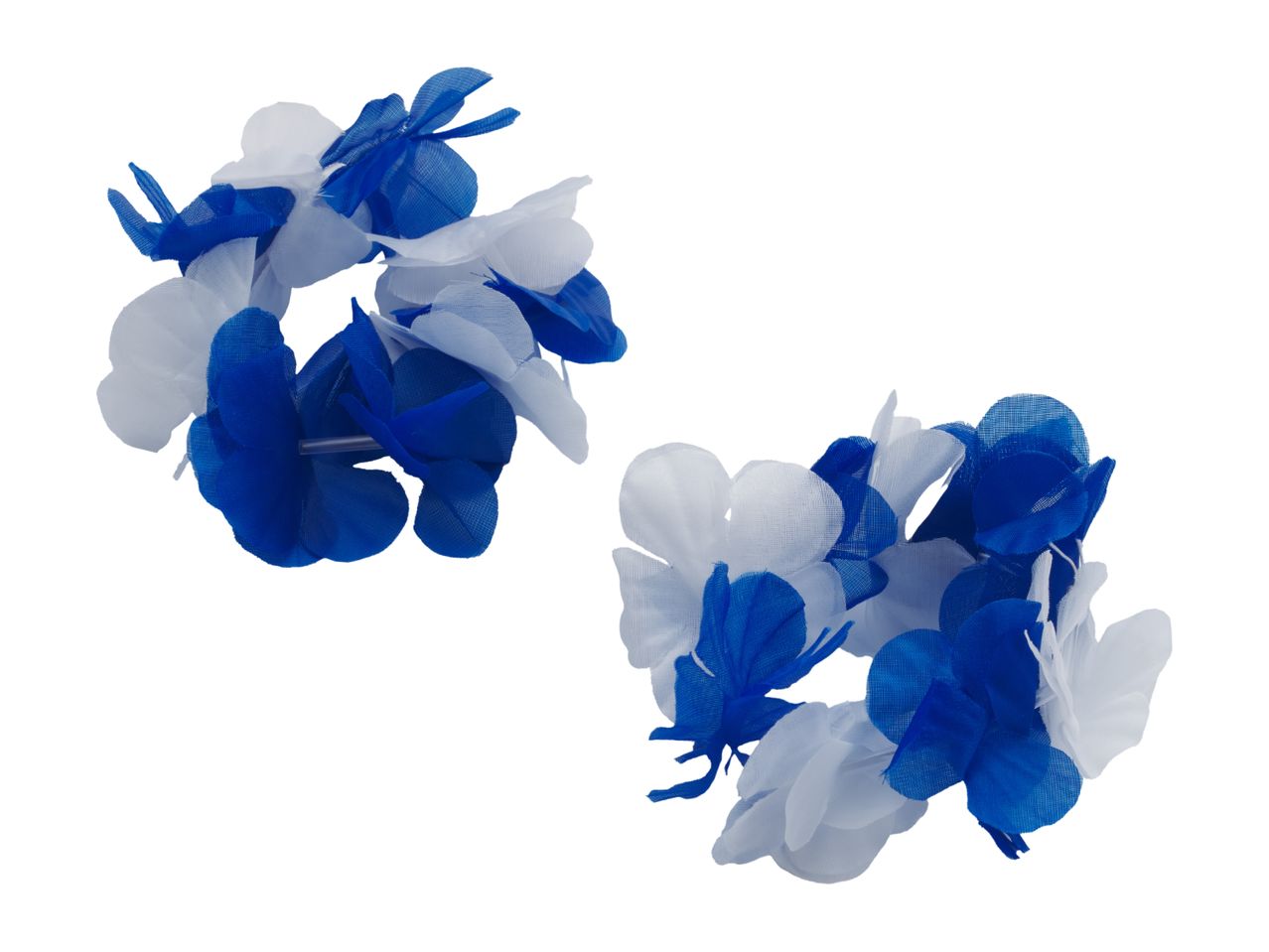 Two blue and white flower leis