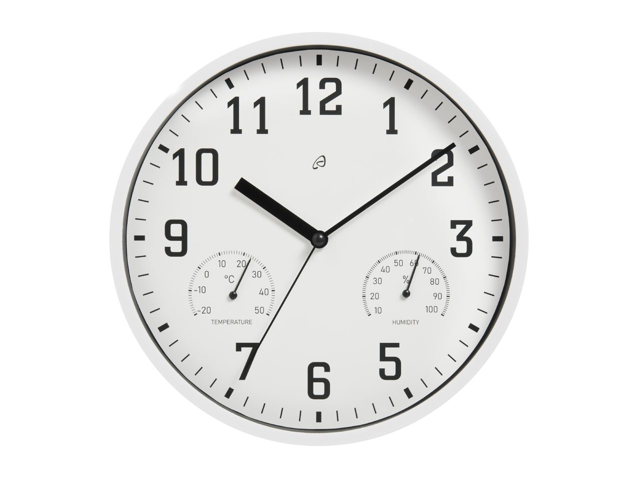 A white wall clock with black numbers, temperature, and humidity gauges.