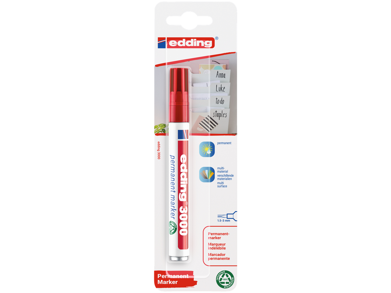 Edding 3000 rode permanent marker, 1,5-3 mm punt, multi-oppervlak.