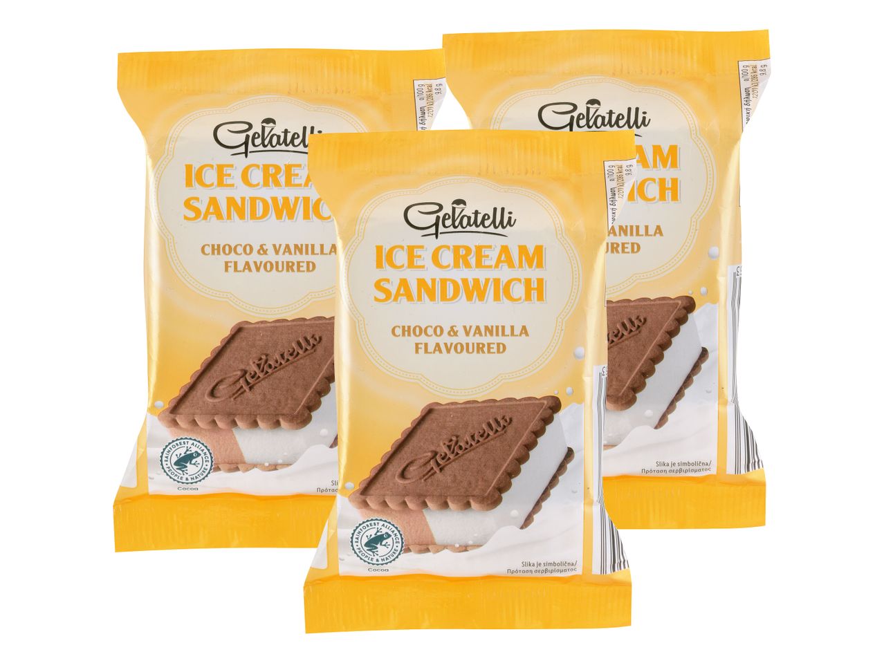 Tri pakiranja sladolednih sendvičev Gelatelli z okusom čokolade in vanilije.