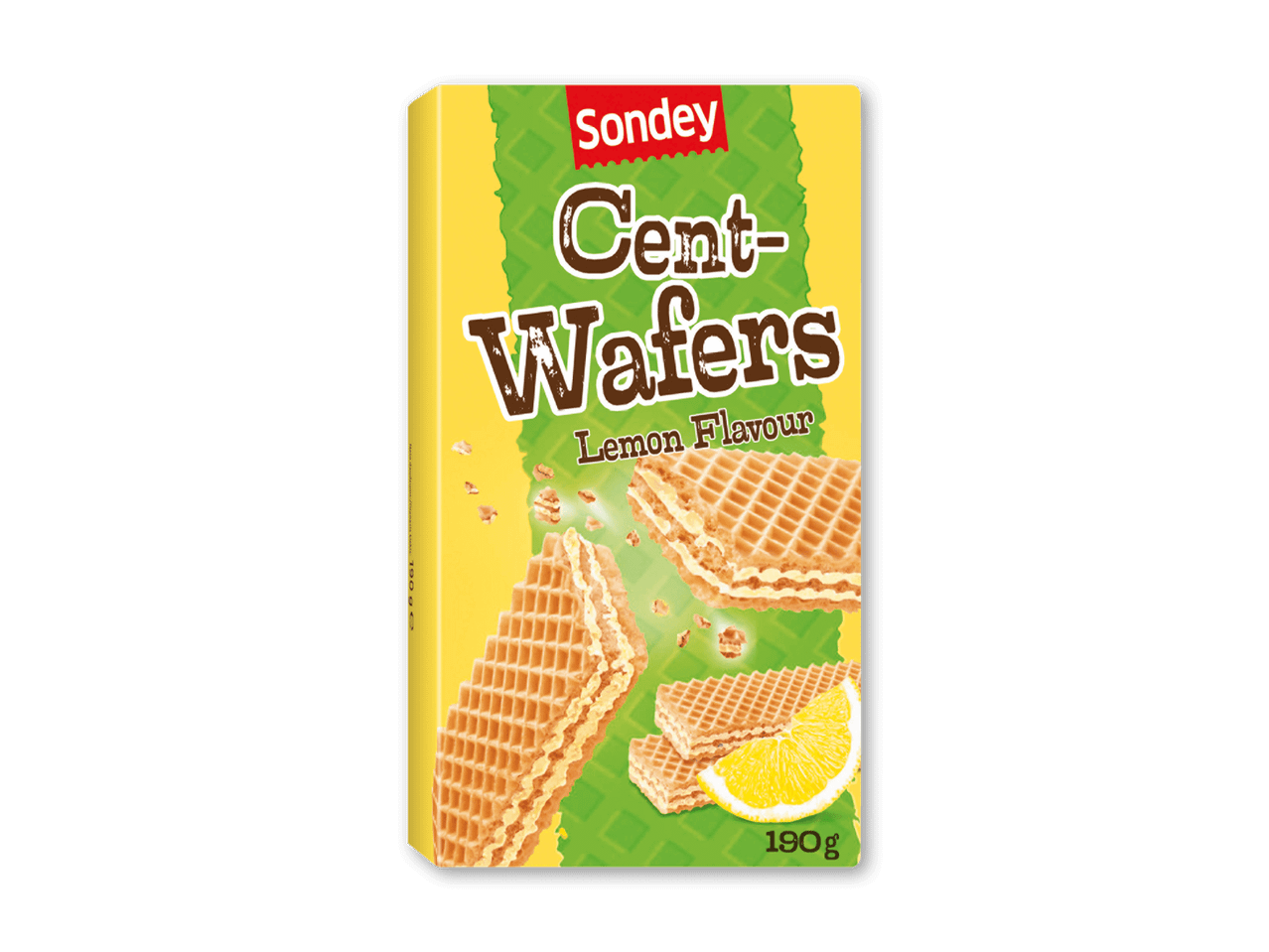 Pakke med citronvafler med tekst 'Cent-Wafers Lemon Flavour' og billede af vafler og citron.