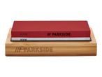 Parkside two-sided whetstone with 400# and 800# grit, resting on a bamboo base.
