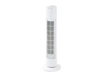 White tower fan with control buttons on top, isolated on a white background.