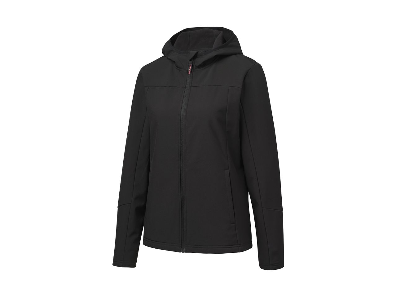Black hooded softshell jacket with a zipper