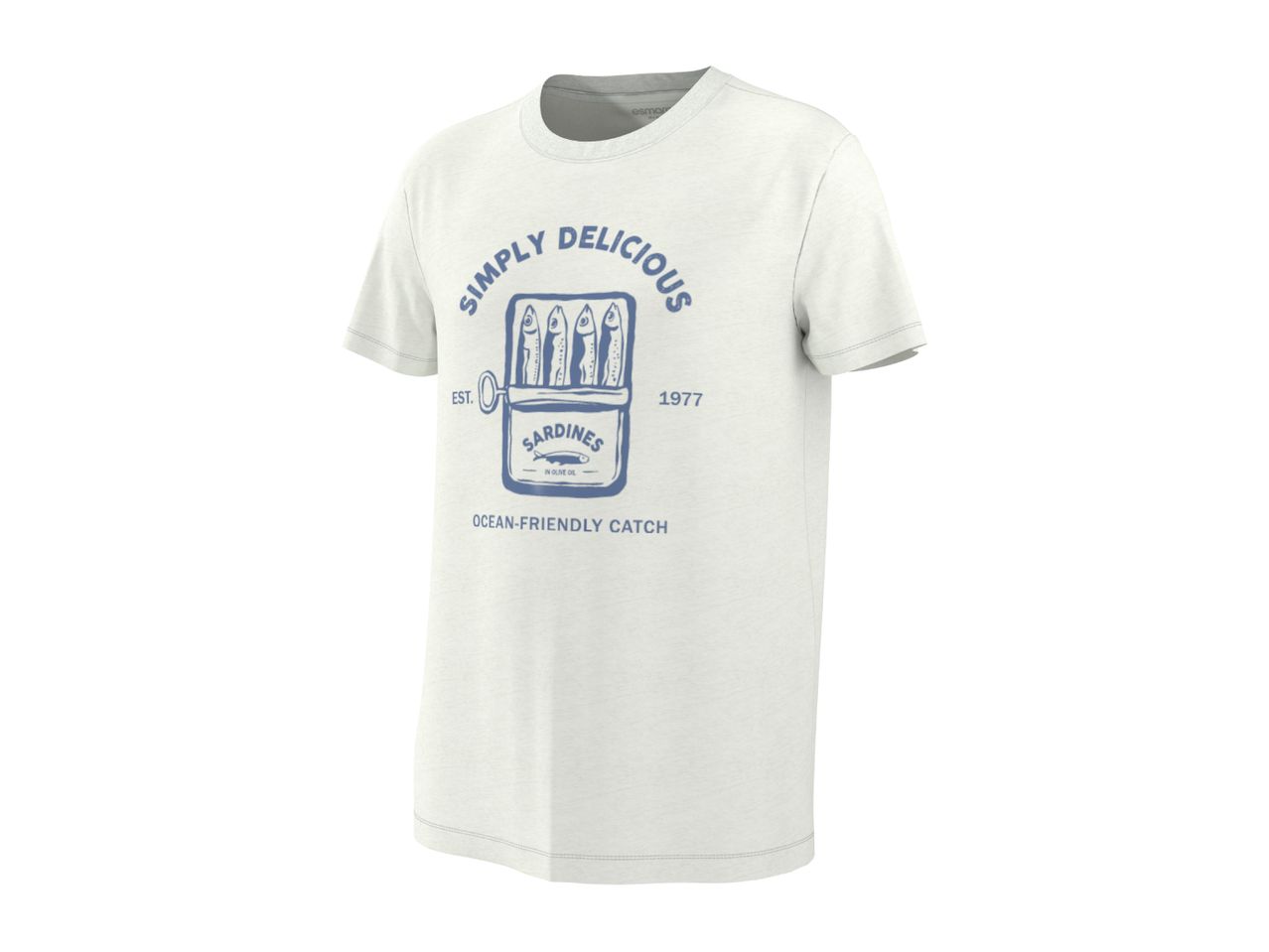 White t-shirt with a blue graphic of a sardine can and text 'Simply Delicious Sardines'