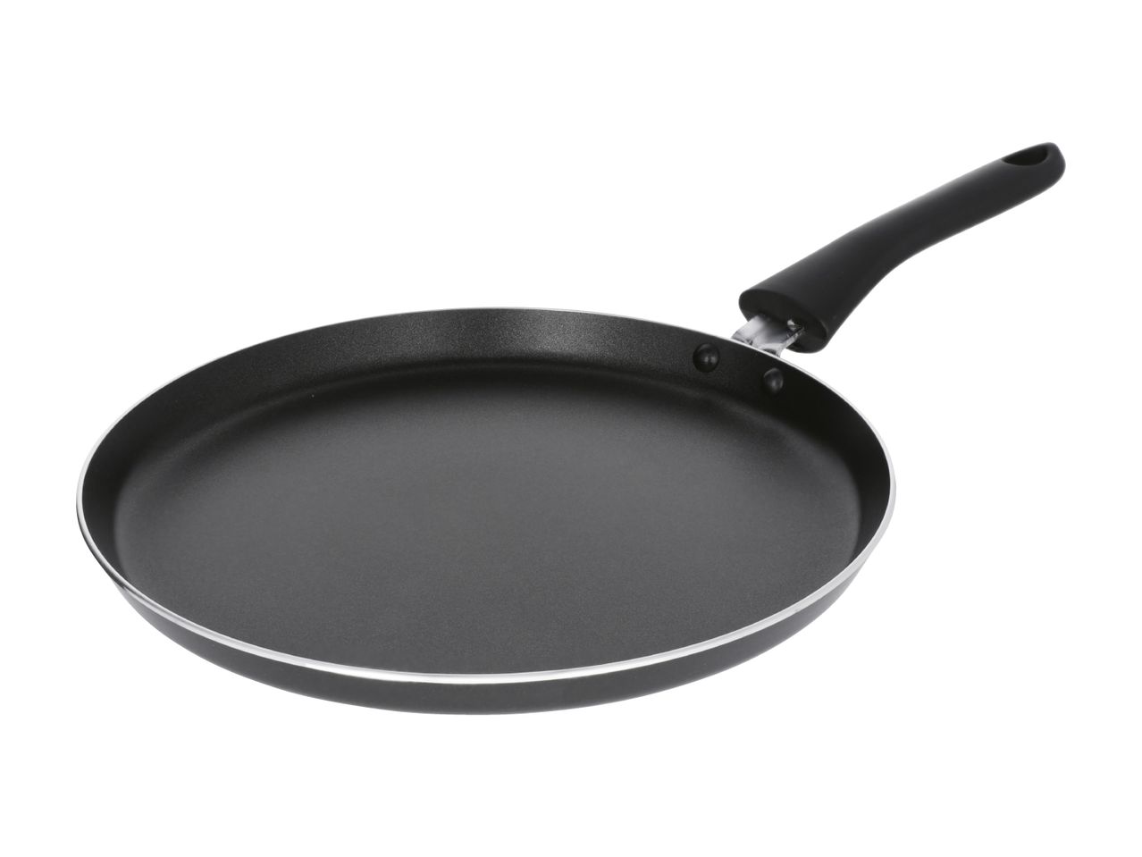 Black non-stick frying pan with a flat bottom and a black handle, isolated on white.