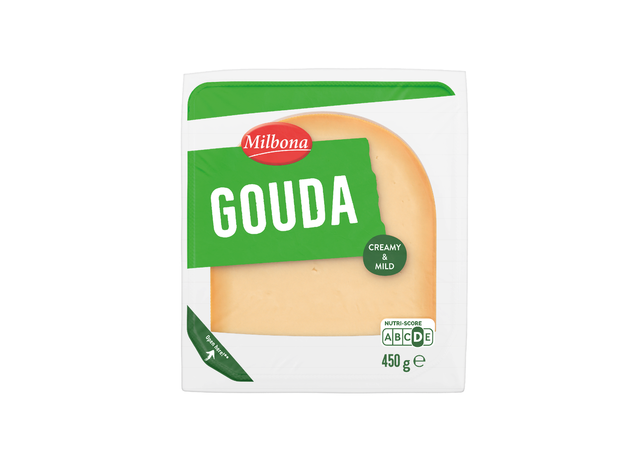 Milbona Gouda sir, kremast i blag, 450g, s Nutri-Score D oznakom.