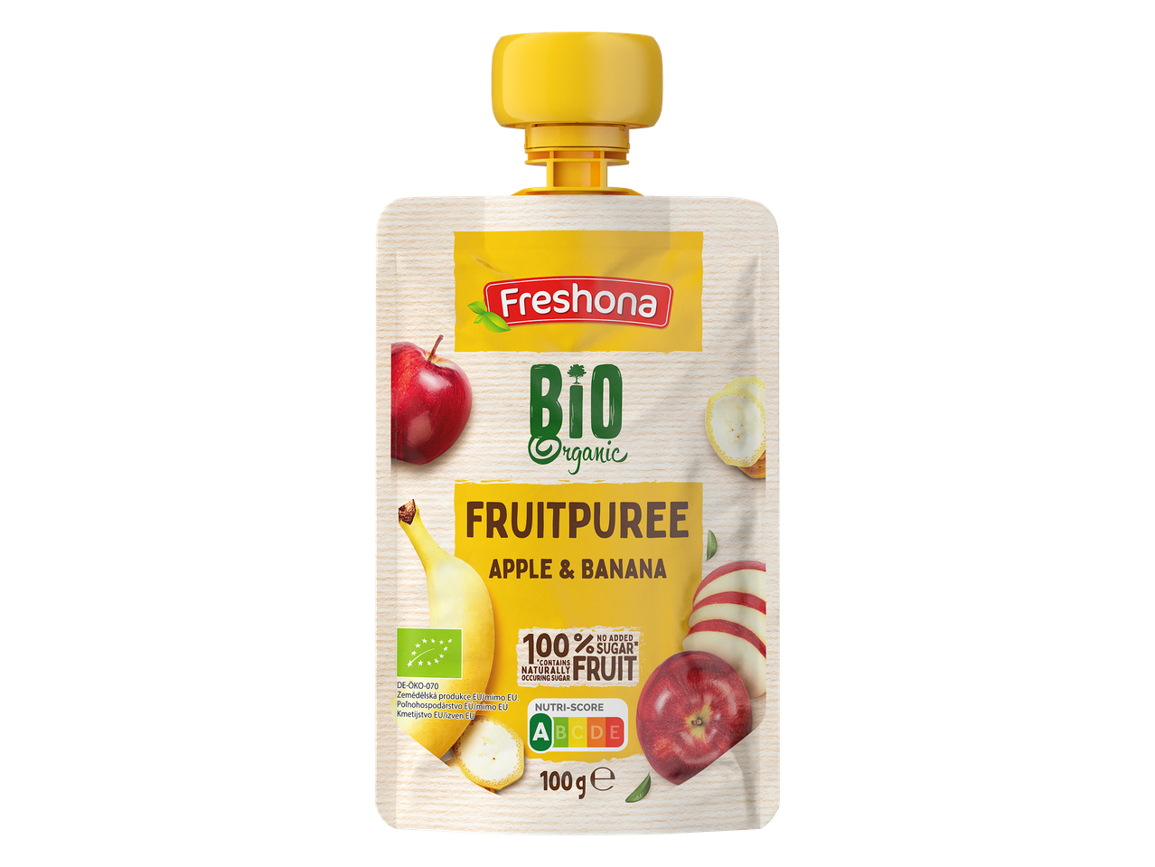 Ekološki sadni pire iz jabolk in banan, 100 g, z oceno Nutri-Score A.