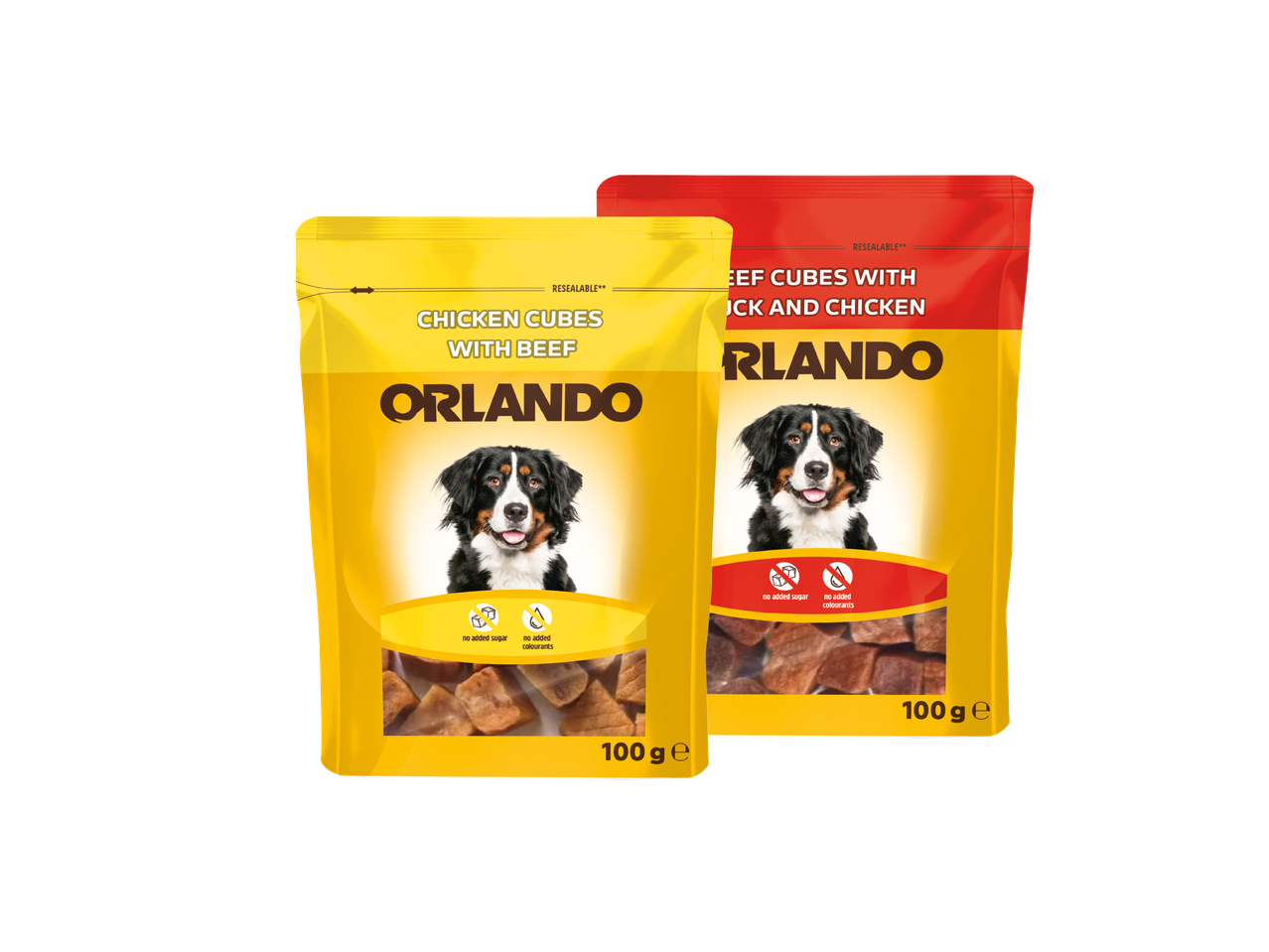 Dva pakiranja poslastica za pse s okusom piletine i govedine te govedine, patke i piletine.